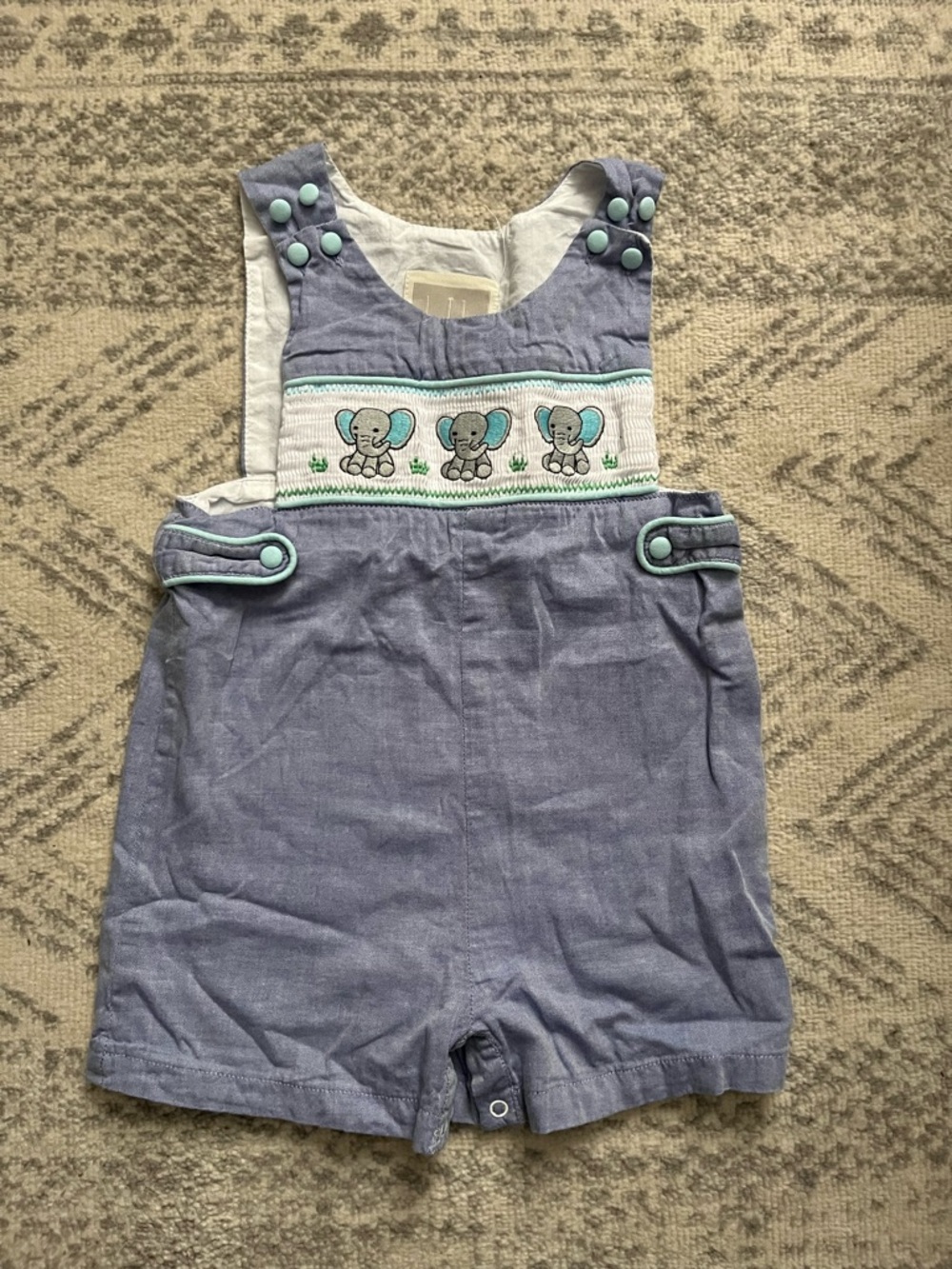Cactus Blue Elephant Smocked Romper with Mint Accents